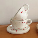 Service tasse cafe ceramique motif cerises avec soucoupe