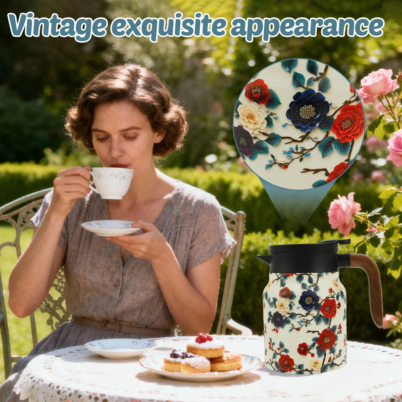 Théière isotherme vintage motif floral acier infuseur thermostat - vue 3 sur 7