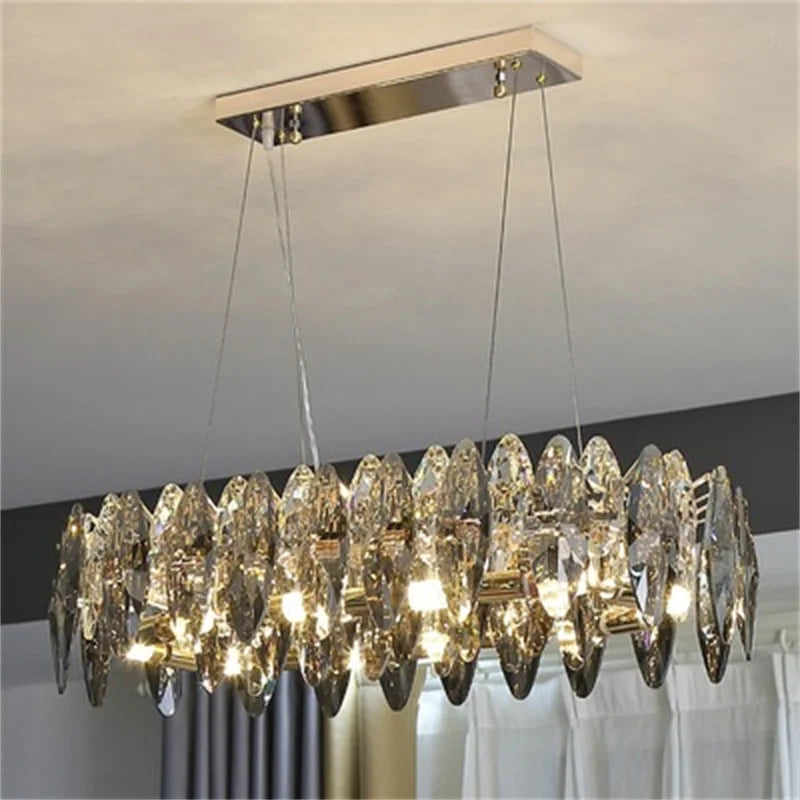 lustre moderne en cristal avec led et suspensions ronds