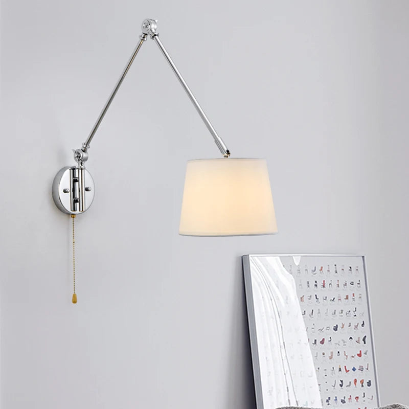 Luxury Chrome Wall Lamp Swing Long Rocker Arm Wall Light LED E27 Adjustable Joint Fabric Sconce Reading Wall Lamps with Switch - vue 2 sur 7
