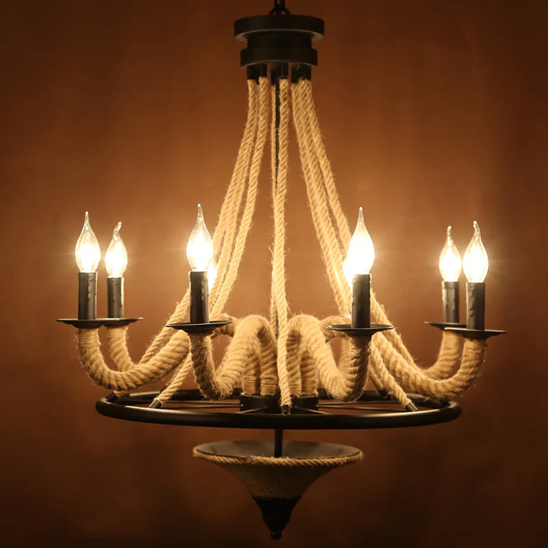 Loft américain lustre en bois nostalgique Restaurant salon Bar Internet café lumière lampe industrielle corde de chanvre suspension