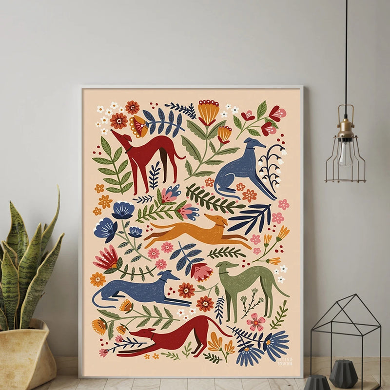 impression toile chien long floral décoration murale cadeau lévrier