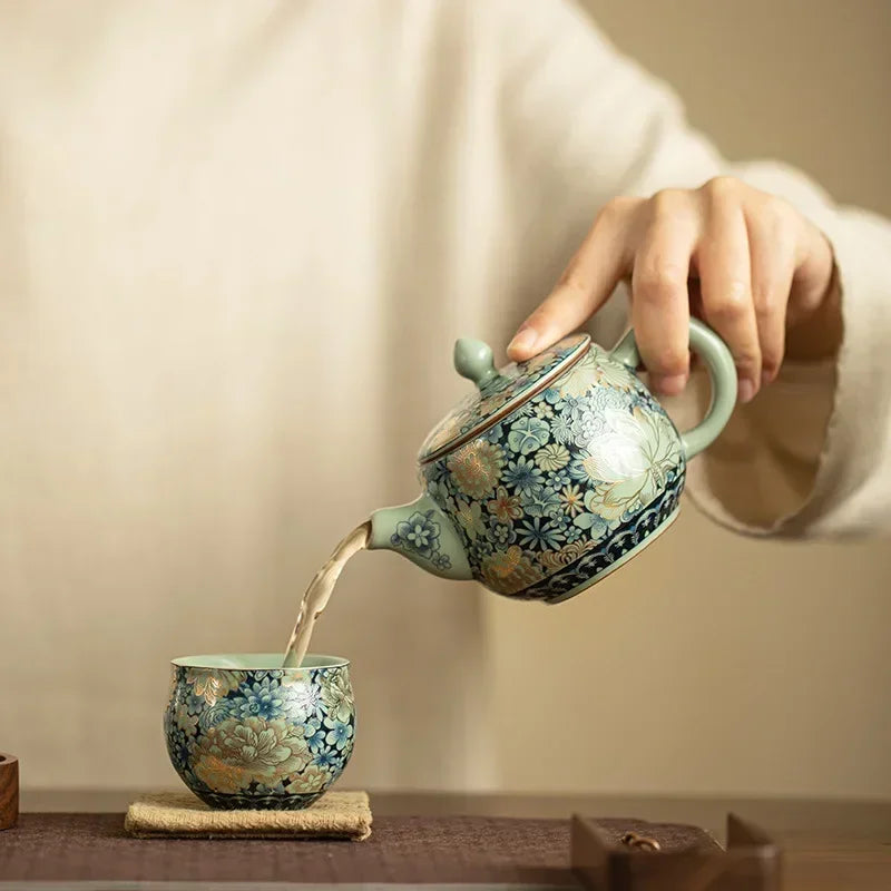 theiere ru kiln motif pivoine service kung fu - vue 2 sur 6