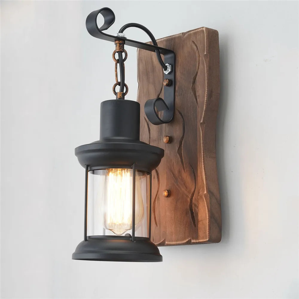 applique murale industrielle vintage en bois avec abat-jour en métal et verre - vue 5 sur 19