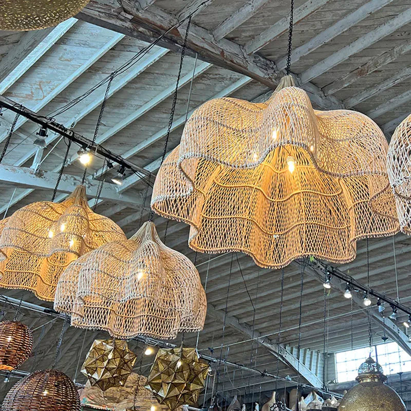 lampe suspendue rotin pétales main salon cuisine décor - vue 7 sur 13
