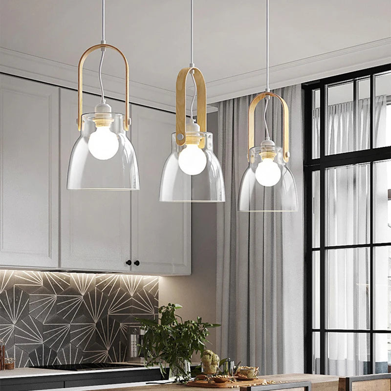 suspension moderne en verre transparent avec ampoule en bois - vue 4 sur 8