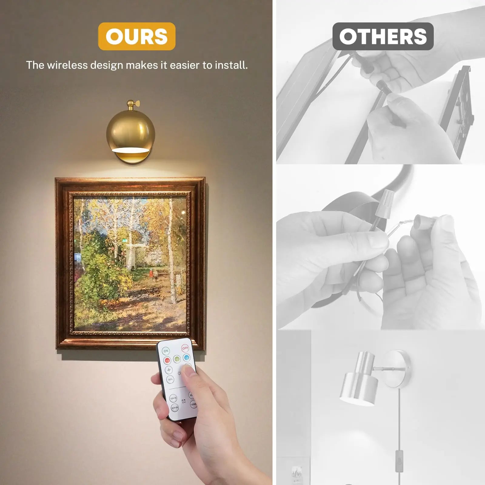 Gold Wall Sconces Battery Operated, Not Hardwired Dimmable, Battery Wall Sconce Wireless Wall Lamp for Bedroom, Bulb Included - vue 4 sur 7