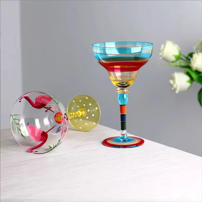 Verre cocktail margarita peint flamingo style créatif rayures