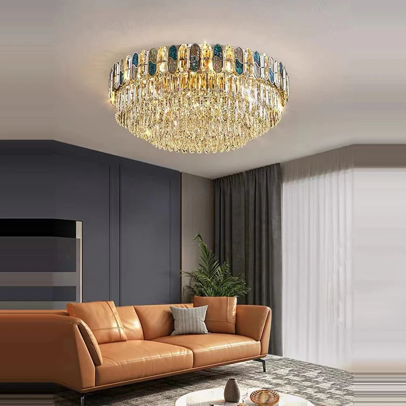 plafonnier led art déco en cristal doré et acier inoxydable - vue 4 sur 18