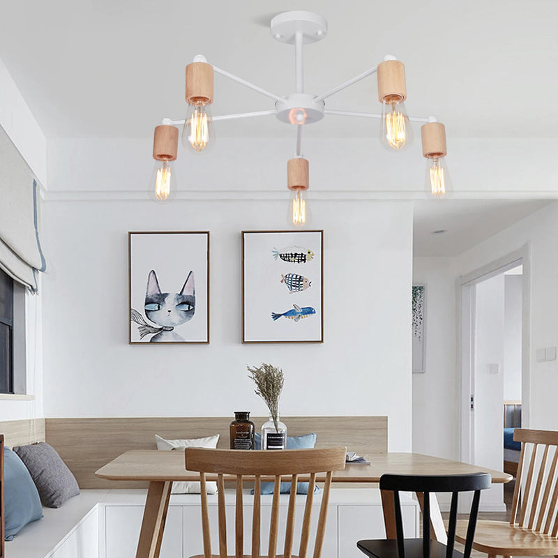 lustre industriel moderne avec tiges multiples en fer et bois
