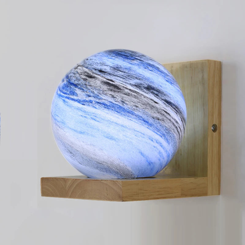 Applique murale moderne en bois avec abat-jour en verre planète colorée E27 LED chambre salon étude enfants montage mural lumière AC220V