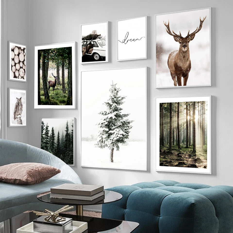 hiver forêt cerf hibou paysage nordique toile décorative murale - vue 4 sur 7
