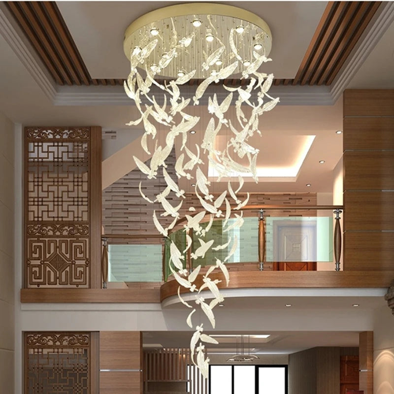 lustre plume en cristal led moderne en acier inoxydable