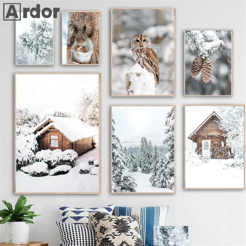 décoration murale renard hibou cerf forêt hiver neige