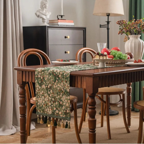 Chemin de table jacquard vert floral style campagne