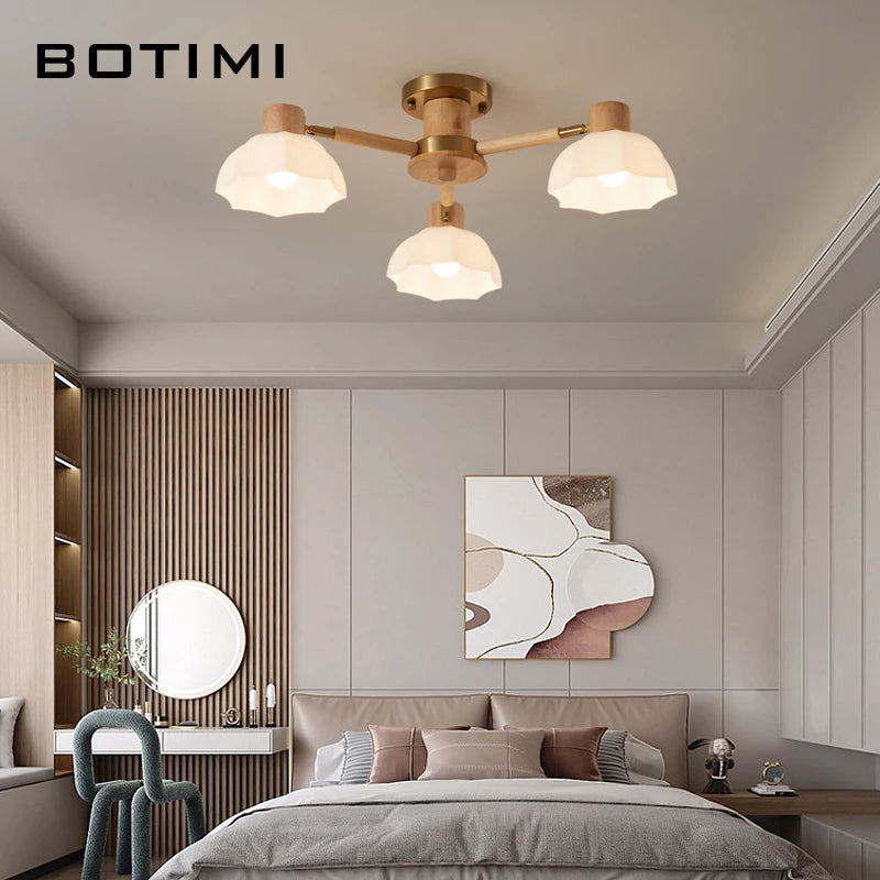 Plafonniers nordiques en bois de caoutchouc avec lampadaires en verre pour salon moderne blanc chaud lumière froide Lustres chambre lampara - vue 7 sur 12
