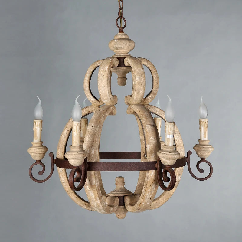 lustre rustique en bois vintage à 6 lumières design français - vue 5 sur 7