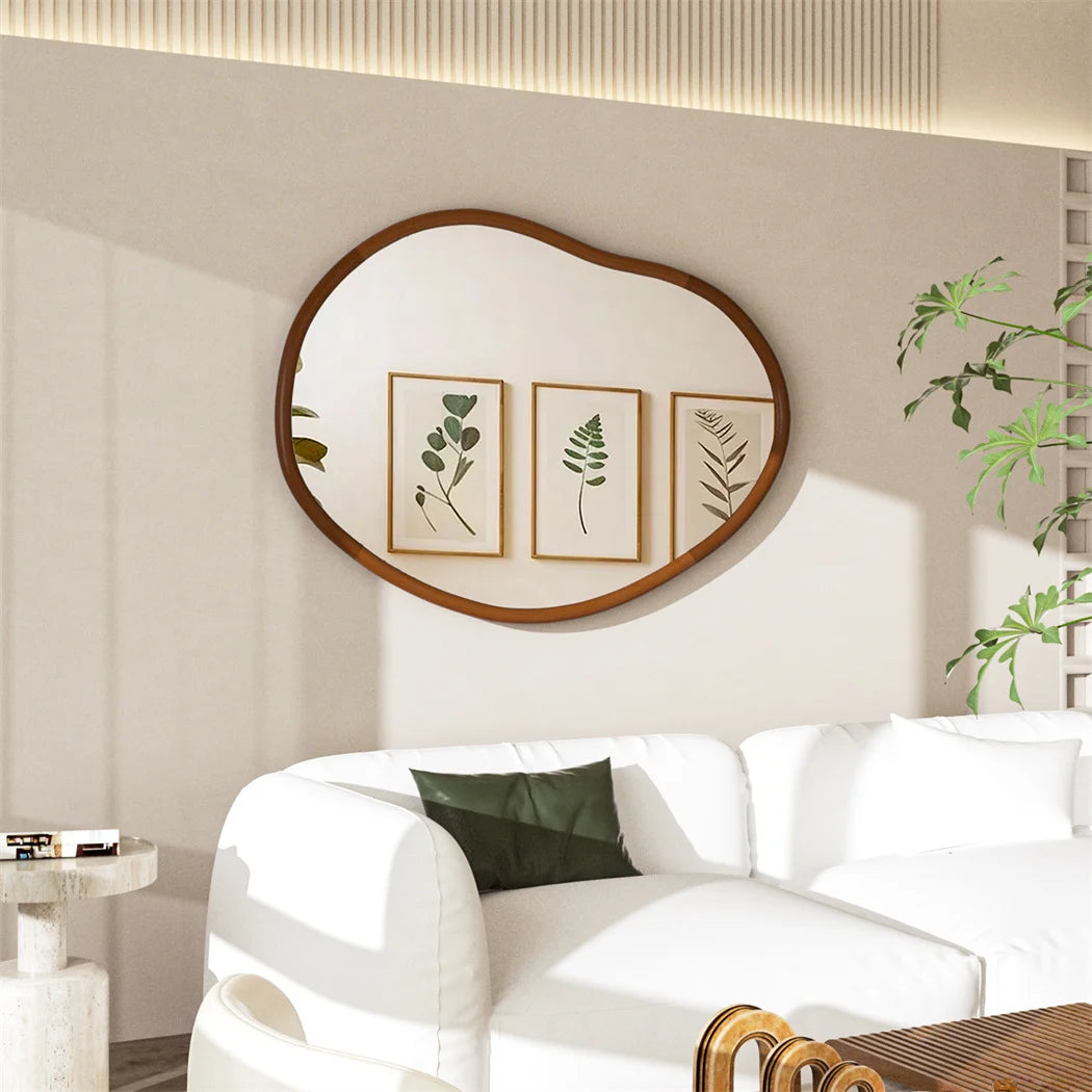 grand miroir mural asymétrique avec cadre en bois naturel - vue 5 sur 7