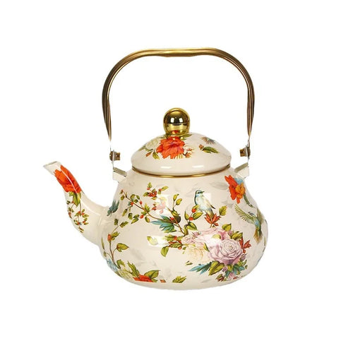 Bouilloire émail vintage motif floral poignée dorée 15l
