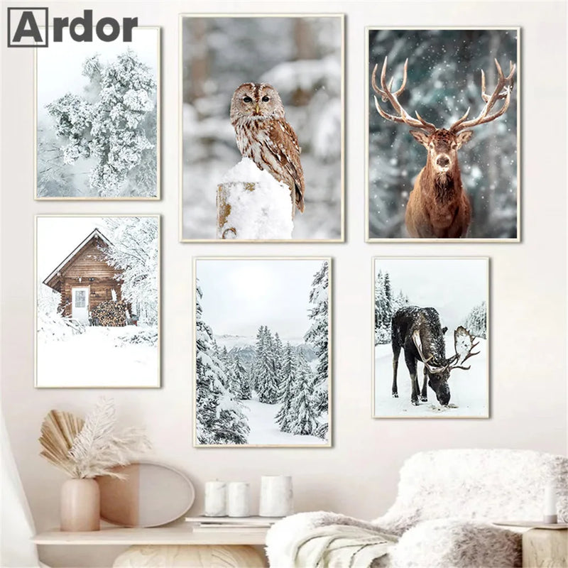peinture murale renard hibou cerf hiver forêt nordique