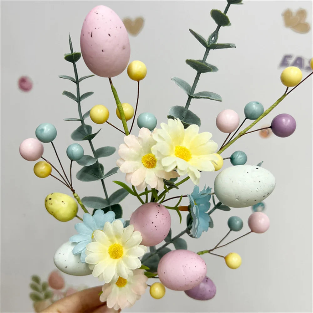 décoration de pâques œufs artificiels et bouquets de fleurs colorées