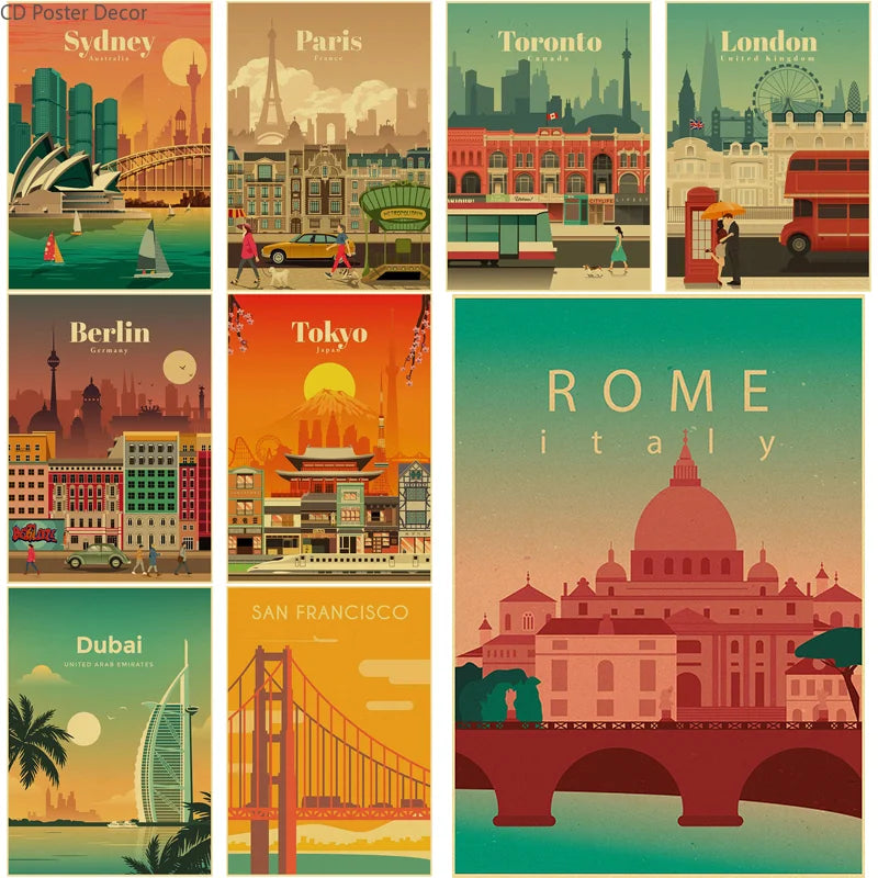affiche rétro des villes du monde pour décoration murale - vue 2 sur 6