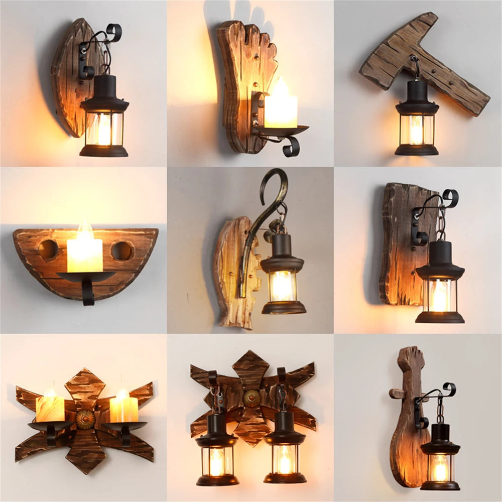 applique murale industrielle vintage en bois avec abat-jour en métal et verre - vue 7 sur 19