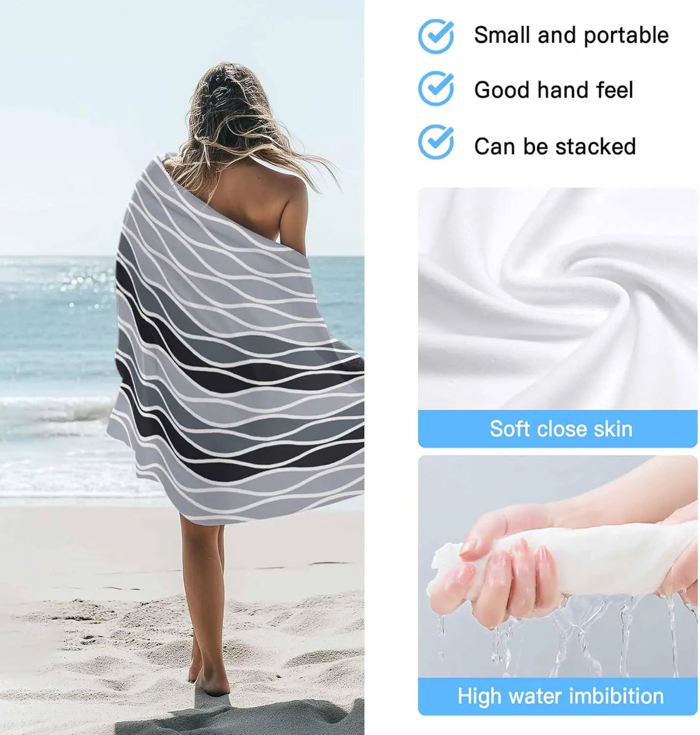 serviette de plage motifs vagues abstraites absorbante légère - vue 5 sur 6