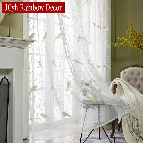 Voilage tulle brodé oiseaux style champêtre pour salon