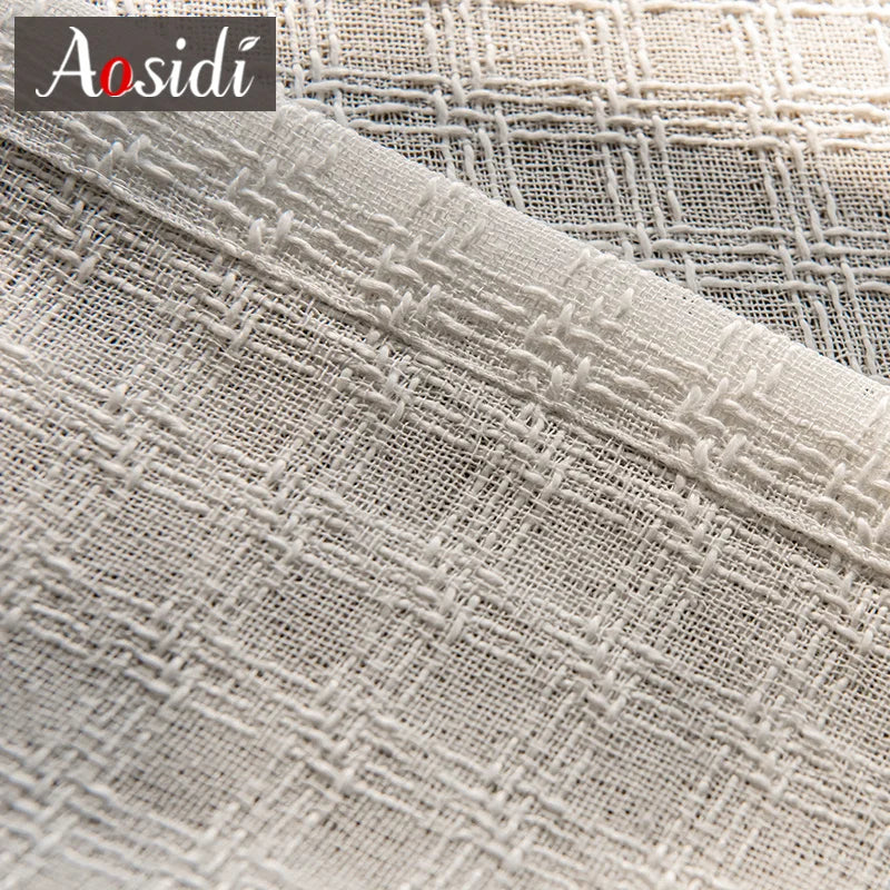 Voilage aspect lin a carreaux pour fenetre salon