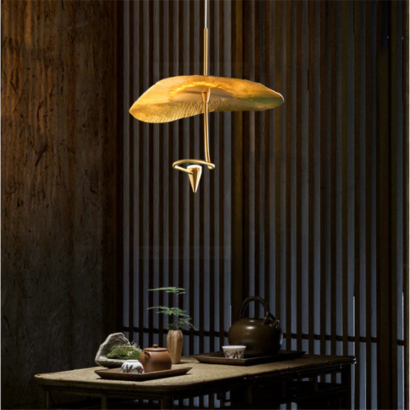 lustre zen vintage feuille de lotus en cuivre doré