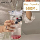 Gobelet verre rayé 600 ml avec couvercle paille