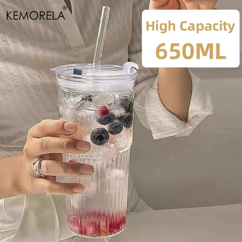 Gobelet verre rayé 600 ml avec couvercle paille
