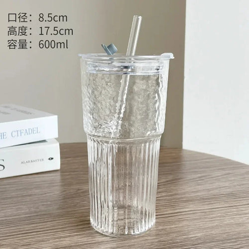 Gobelet verre rayé 600 ml avec couvercle paille