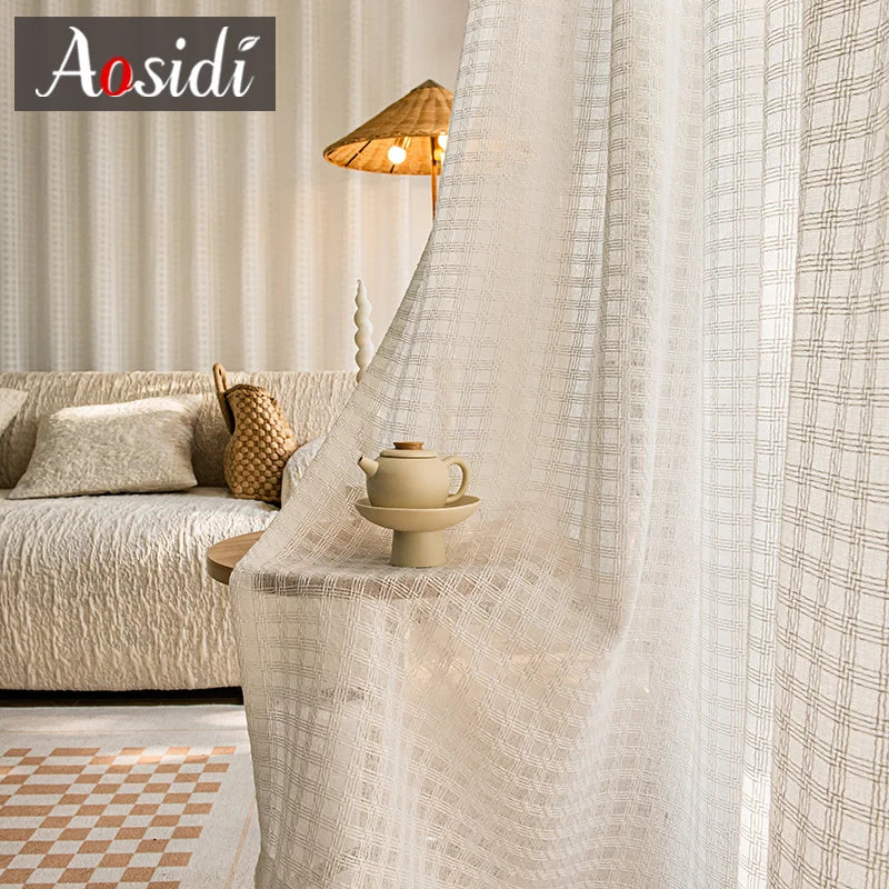 Voilage aspect lin a carreaux pour fenetre salon