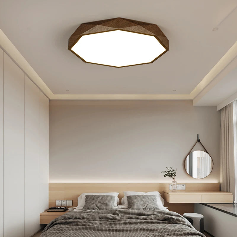 plafonnier led moderne en bois et métal design géométrique