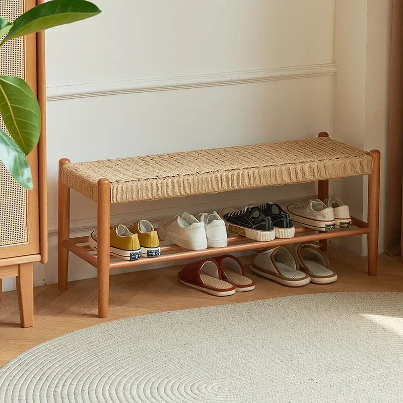 tabouret à chaussures en bois massif tressé en rotin style rétro moderne - vue 4 sur 9