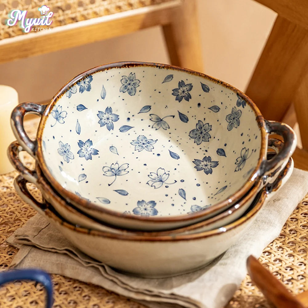Bol japonais en céramique avec anse motif floral