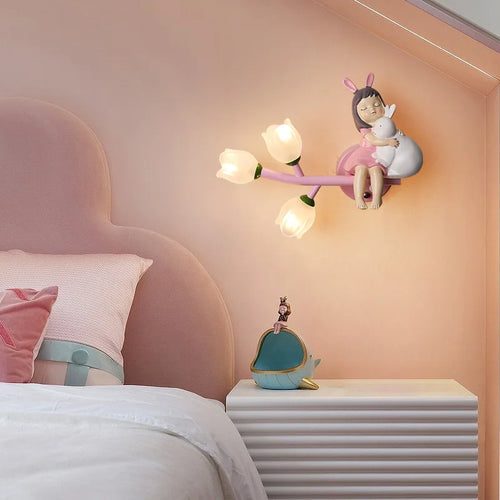 applique murale led g4 fille lapin fleur pour enfants
