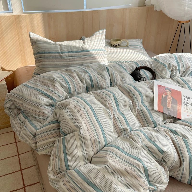 housse de couette rayée rose en coton pour chambre fille