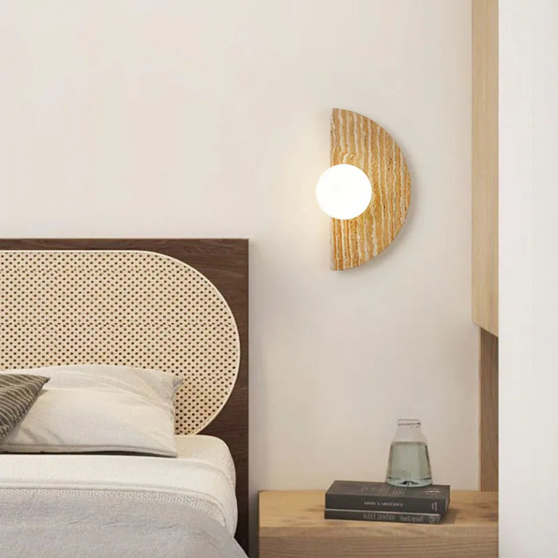 applique murale artistique en pierre naturelle avec verre blanc demi-cercle