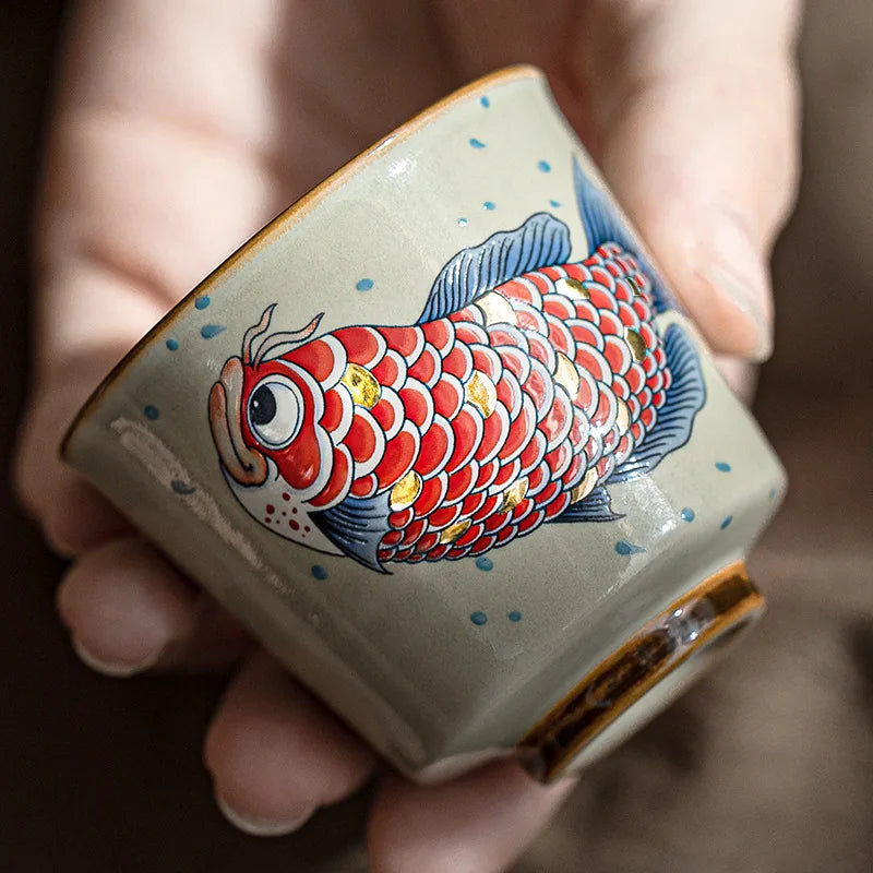 tasse thé céramique style chinois motif arowana coffret - vue 2 sur 7