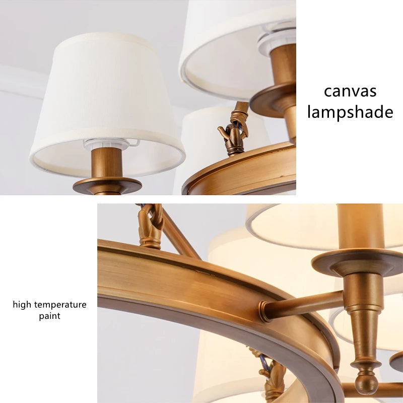 Abat-jour en tissu LED lustre Style américain minimaliste tout en cuivre chambre cuisine éclairage salon plafonnier luminaire - vue 8 sur 8