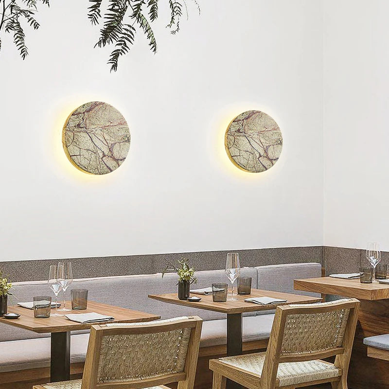 Applique murale atmosphère artistique circulaire en marbre décoratif moderne Wabi Sabi luxe hôtel Villa chevet couloir LED - vue 3 sur 8