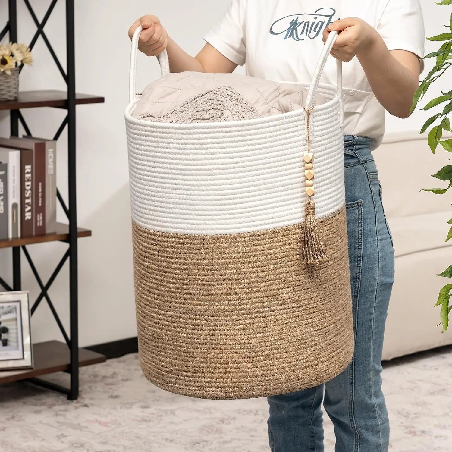 grand panier de rangement tissé avec poignées pliable pour jouets et linge - vue 6 sur 9