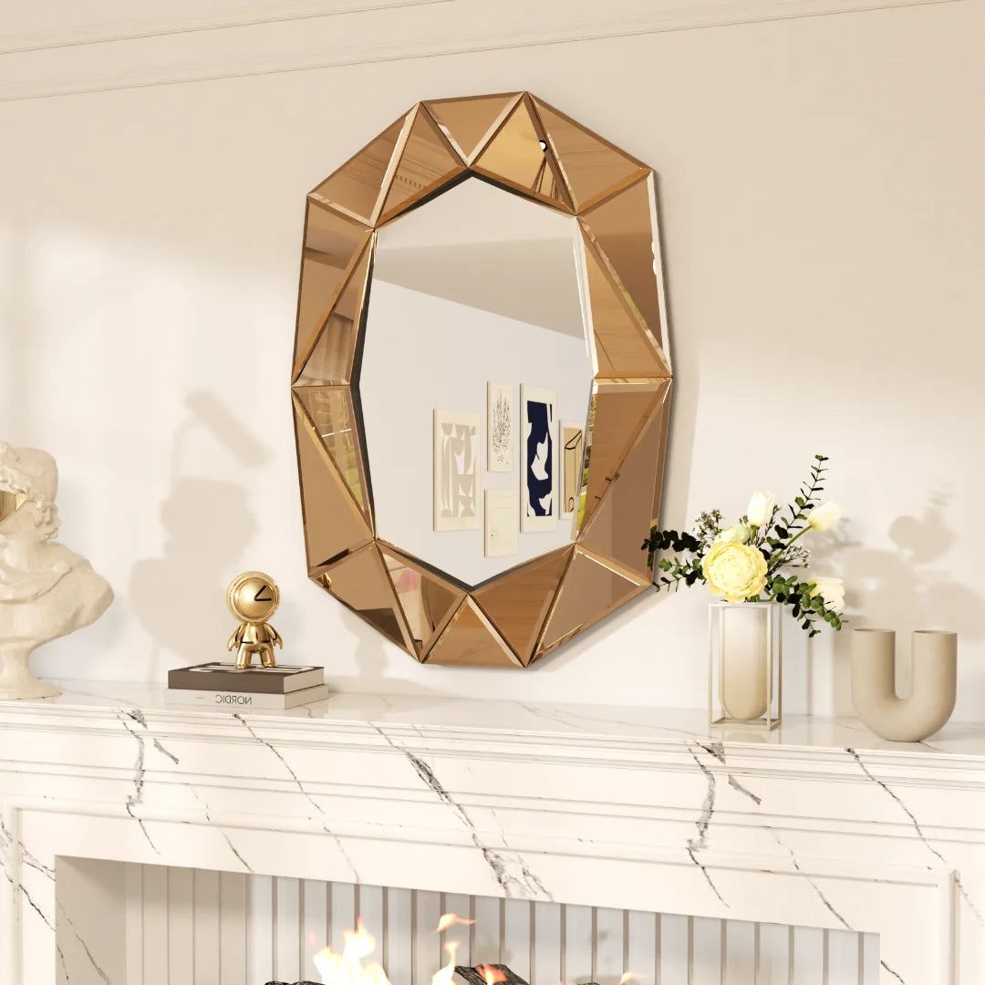 miroir mural décoratif asymétrique en verre argenté avec détails biseautés - vue 5 sur 9