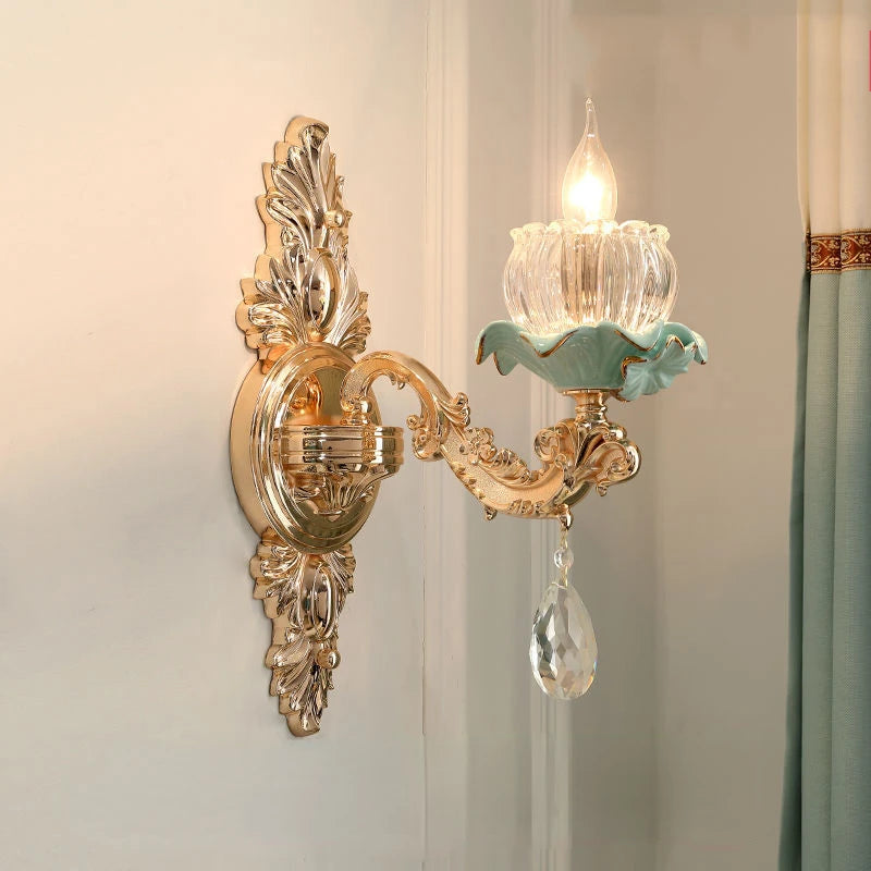 Lustre céramique à fleurs et cristal - vue 5 sur 13