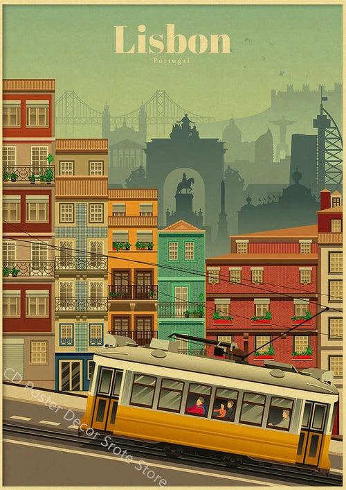 affiche rétro des villes du monde pour décoration murale