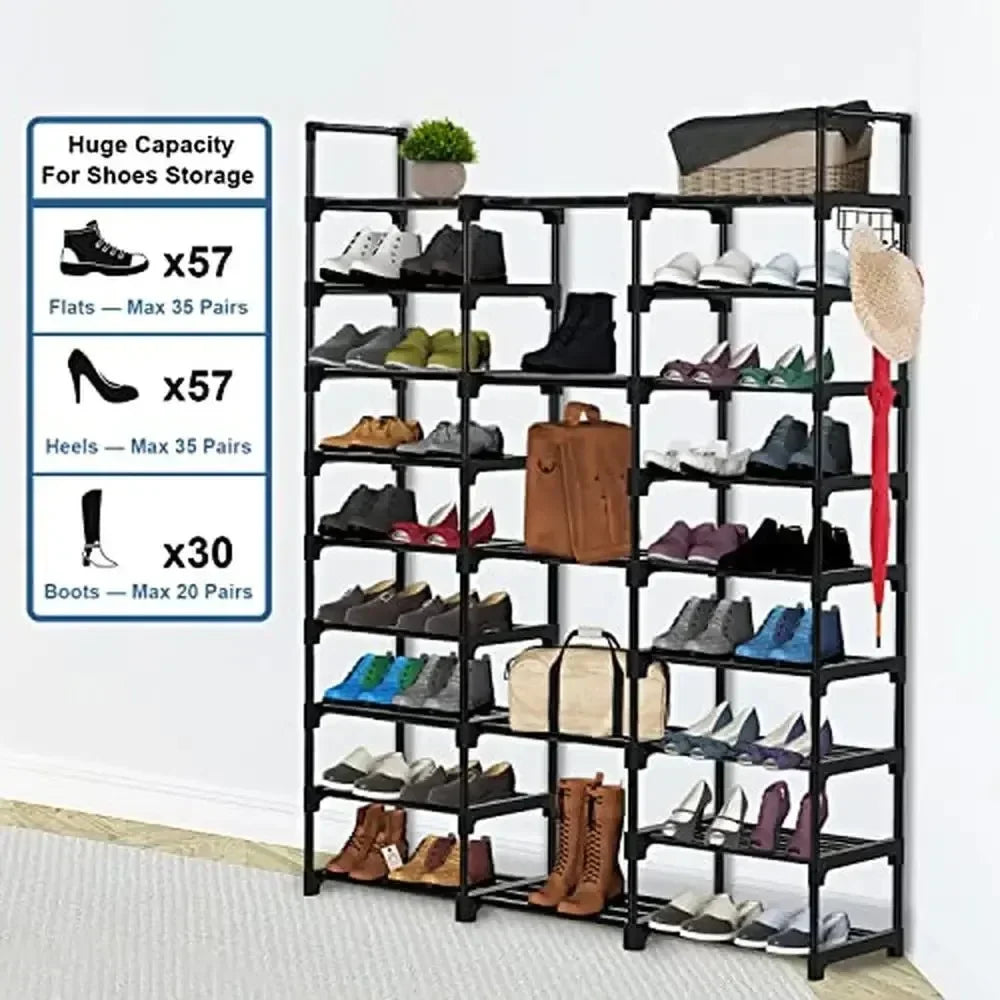 étagère à chaussures en métal double rangée avec crochets polyvalente - vue 6 sur 9