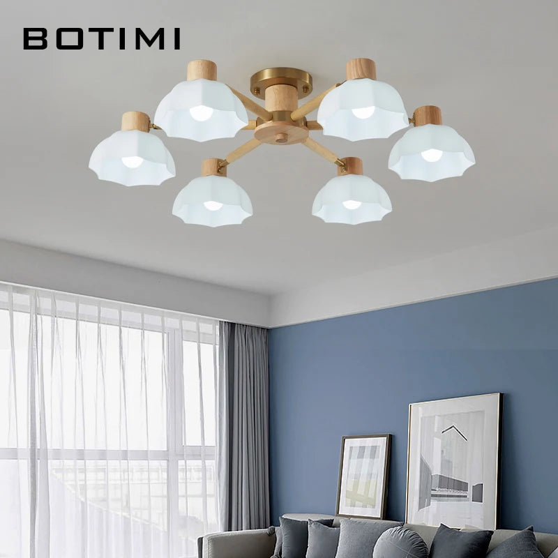 Plafonniers nordiques en bois de caoutchouc avec lampadaires en verre pour salon moderne blanc chaud lumière froide Lustres chambre lampara - vue 5 sur 12